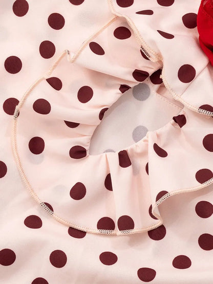 Polka Dot Spaghetti Strap Ruffle Trim Rosette Applique Slip Maxi Dress