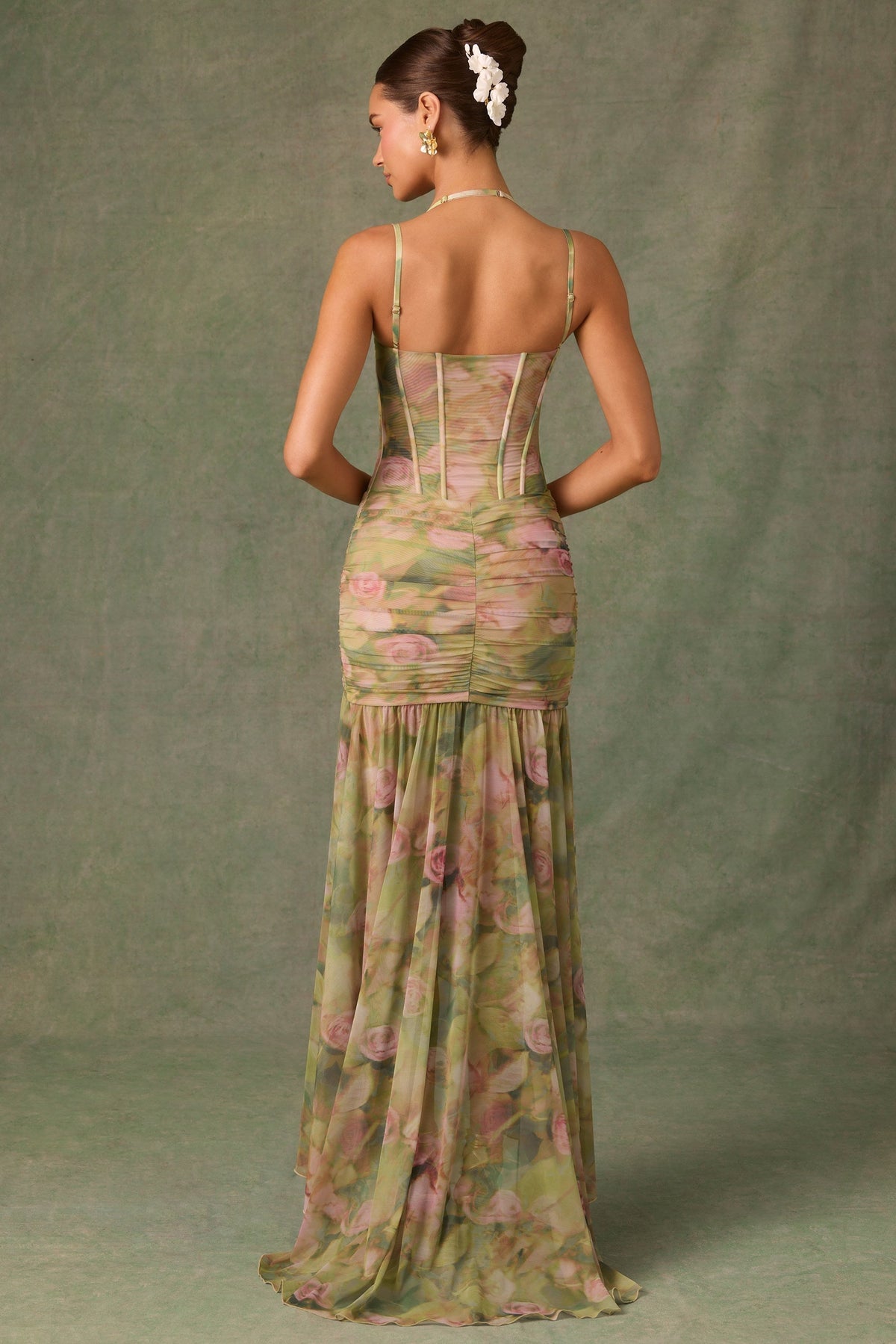 Sweetheart Corset Boned Floral Mesh Ruched Slit Maxi Gown
