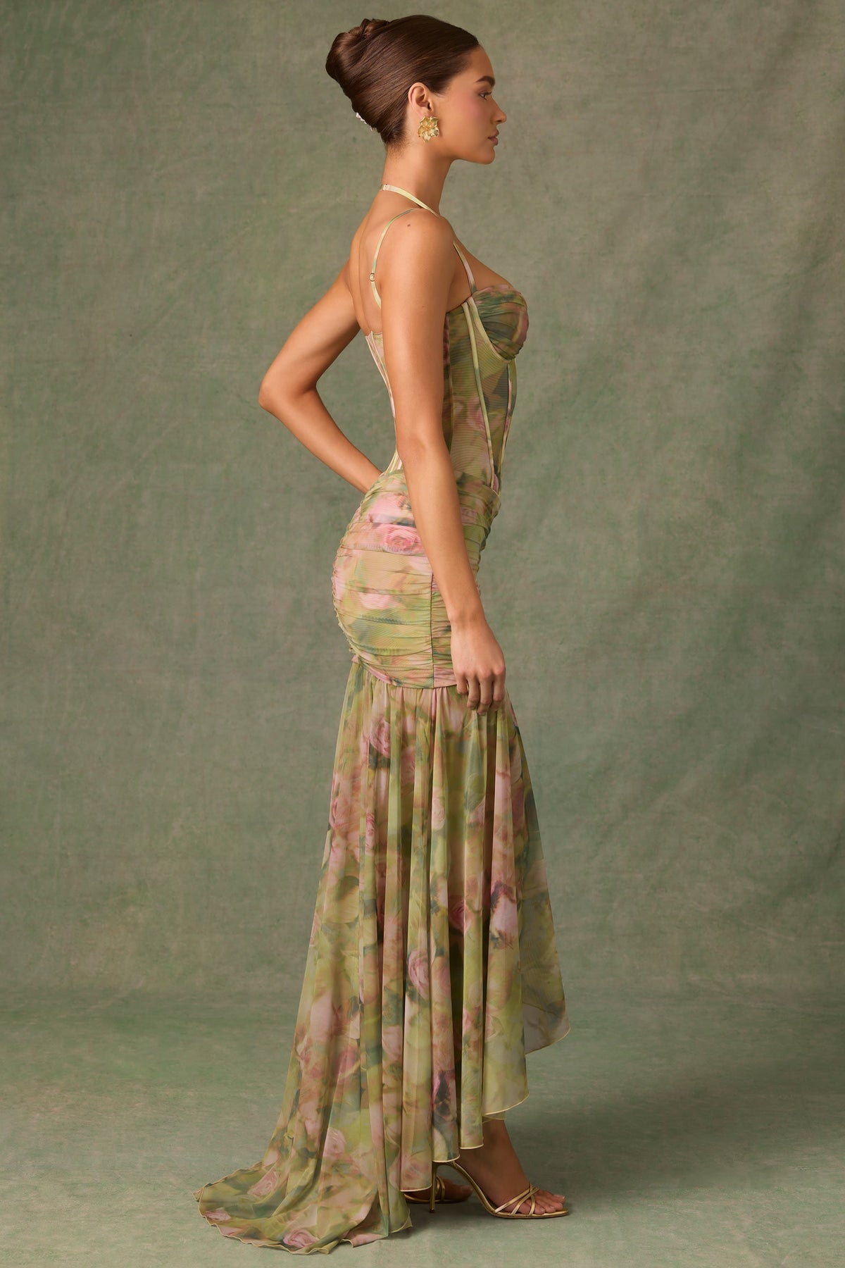 Sweetheart Corset Boned Floral Mesh Ruched Slit Maxi Gown