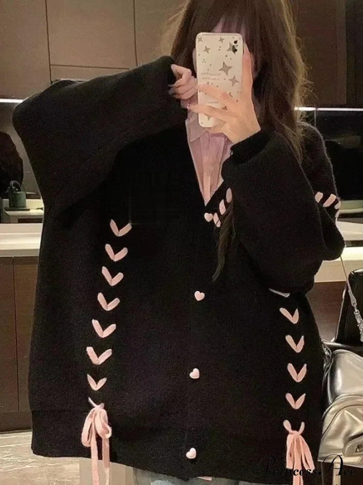 Heart Buttons Ribbion Charming Lace Up Cardigan