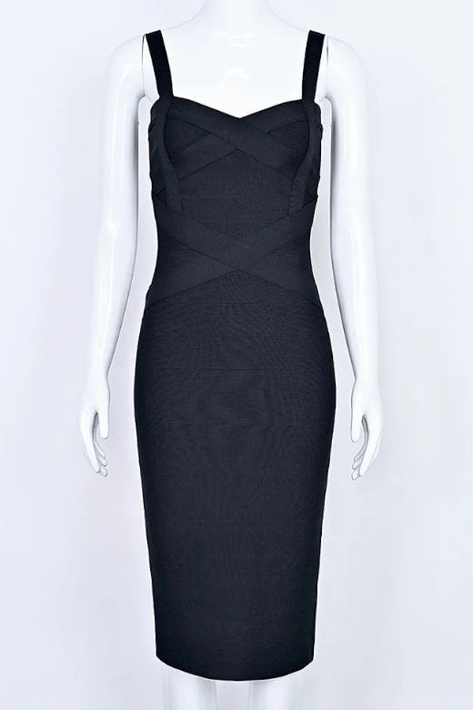 Classic Black Bandage Sweetheart Neck Criss Cross Bodycon Midi Dress