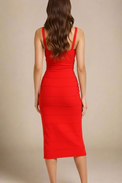 Lipstick Red Bandage Sweetheart Neck Criss Cross Bodycon Midi Dress