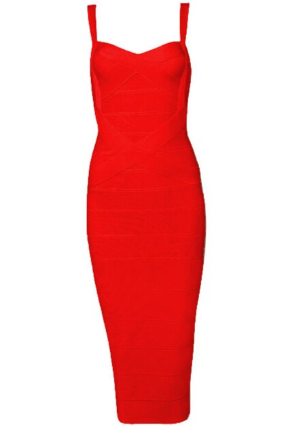 Lipstick Red Bandage Sweetheart Neck Criss Cross Bodycon Midi Dress