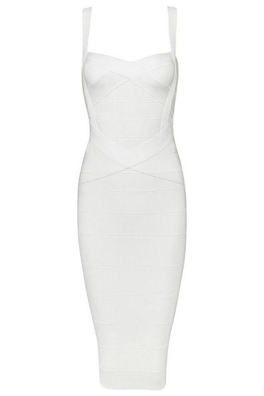 Pearl White Bandage Sweetheart Neck Criss Cross Bodycon Midi Dress