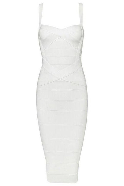 Pearl White Bandage Sweetheart Neck Criss Cross Bodycon Midi Dress