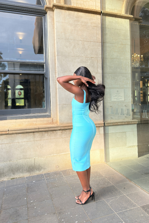 Sky Blue Bandage Sweetheart Neck Criss Cross Bodycon Midi Dress