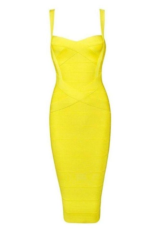 Sun Yellow Bandage Sweetheart Neck Criss Cross Bodycon Midi Dress