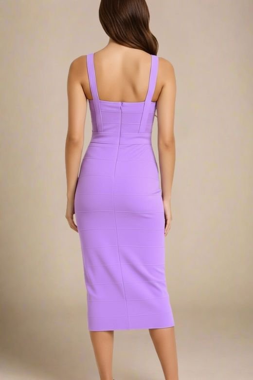 Violet Purple Sweetheart Criss Cross Waist Bandage Bodycon Midi Dress