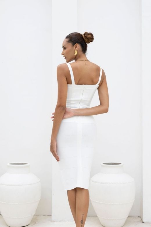 Pearl White Bandage Sweetheart Neck Criss Cross Bodycon Midi Dress