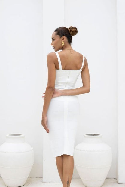 Pearl White Bandage Sweetheart Neck Criss Cross Bodycon Midi Dress