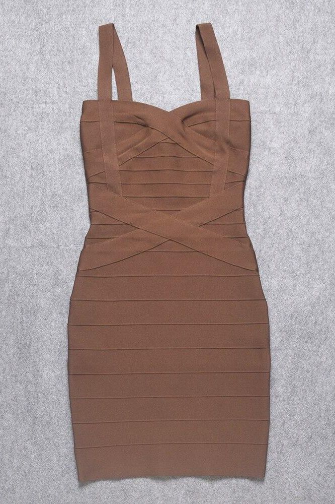 Tan Brown Sweetheart Criss Cross Waist Bandage Bodycon Mini Dress