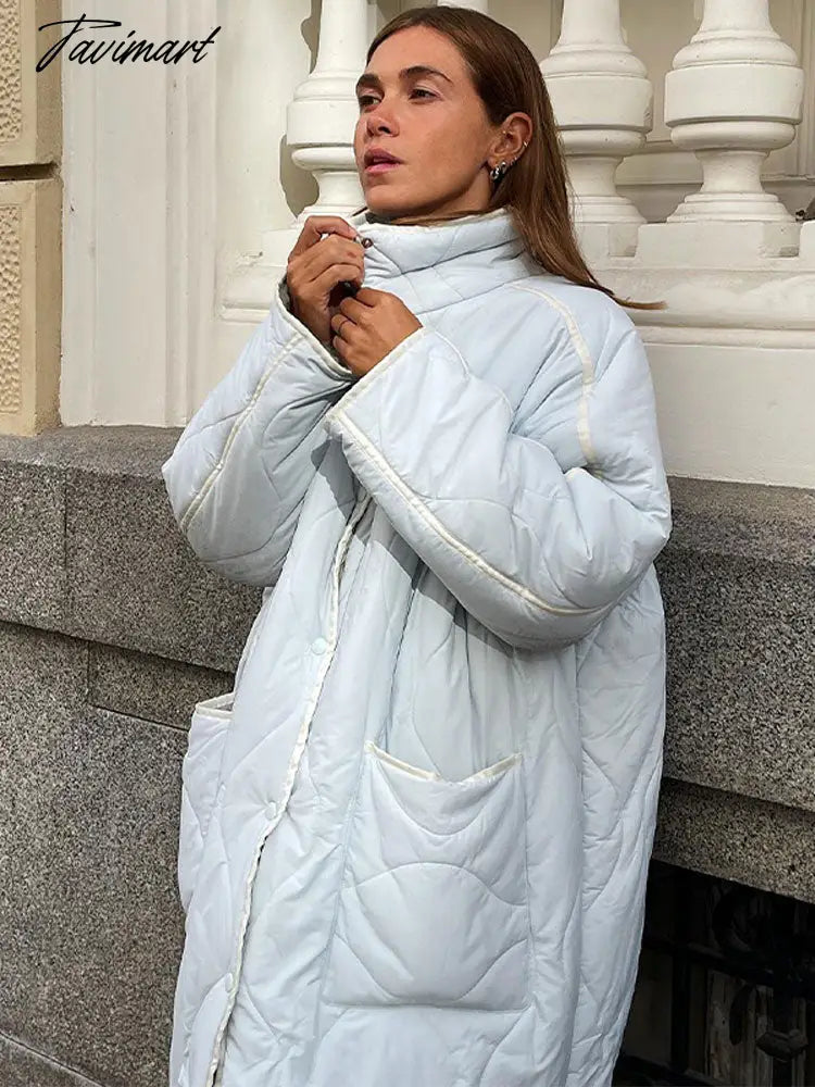 High Collar Long Cotton Jacket For Women Loose Solid Color Warm Pocket Coat Winter Fashion Female Casual Street Outwears