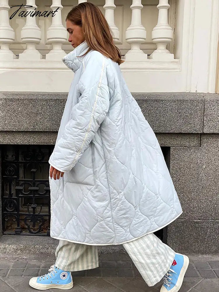 High Collar Long Cotton Jacket For Women Loose Solid Color Warm Pocket Coat Winter Fashion Female Casual Street Outwears