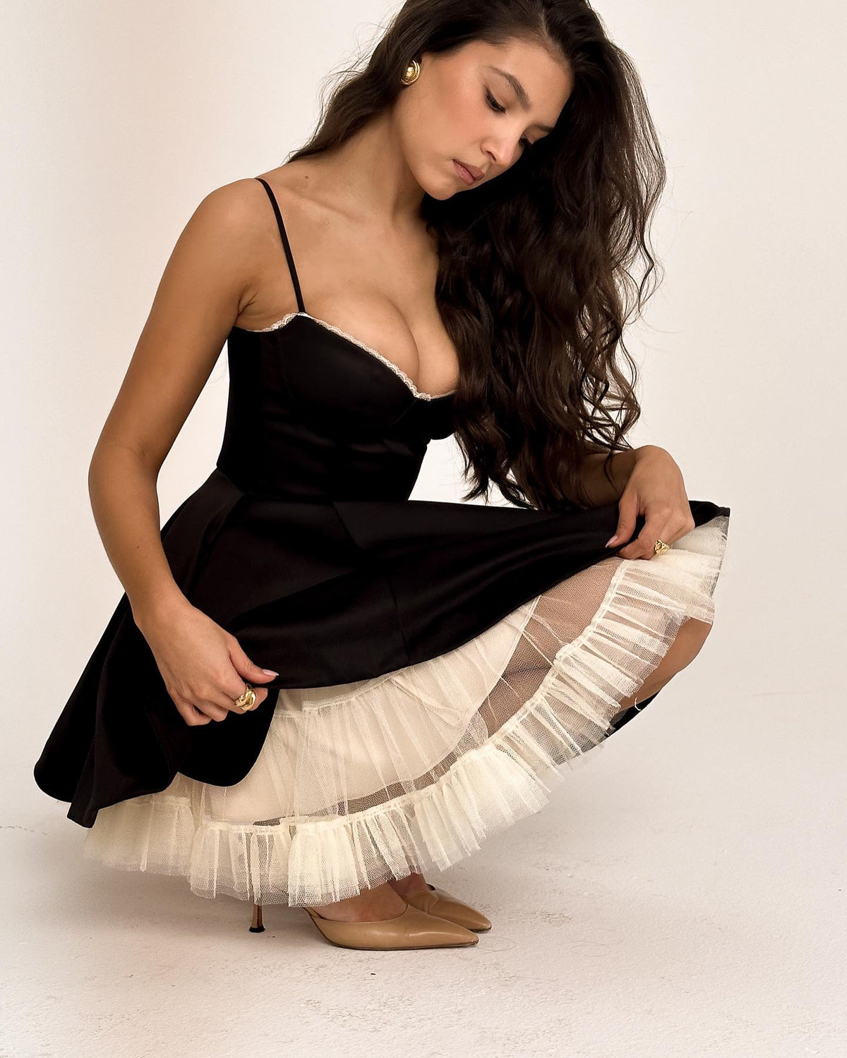 Sweetheart Neck Lace Trim Spaghetti Strap Tulle Hem Fit and Flare Mini Dress