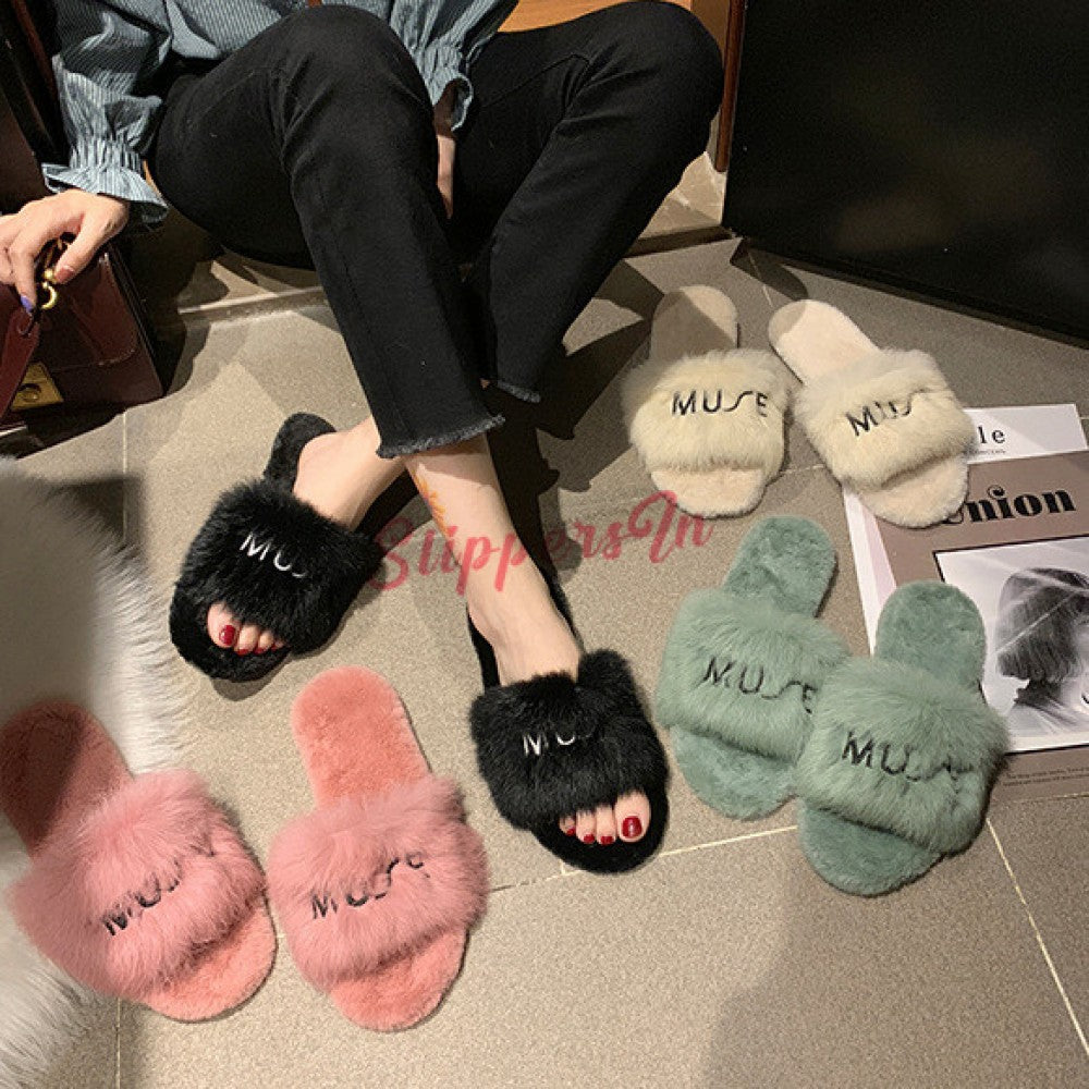 Chic Womens Fluffy Slides Open Toe Embroidered Letters Outdoor Slippers