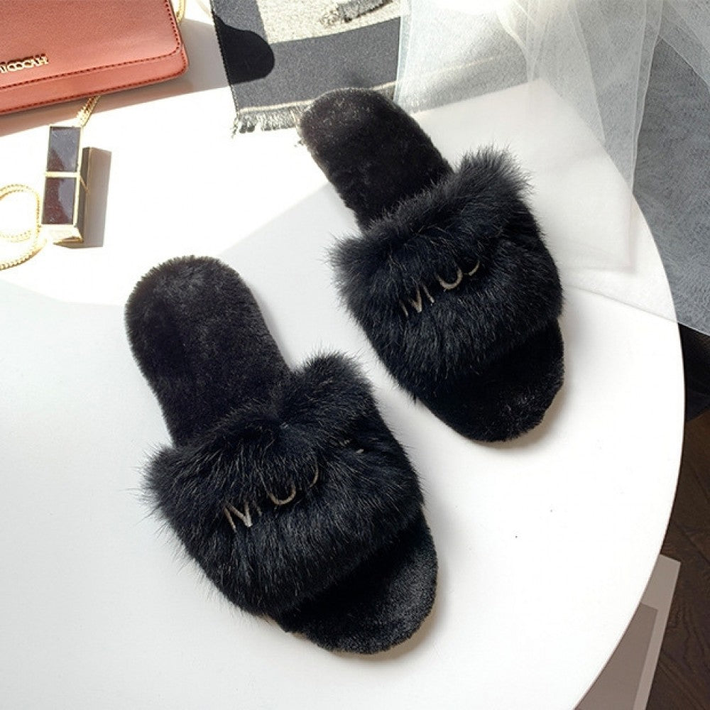 Chic Womens Fluffy Slides Open Toe Embroidered Letters Outdoor Slippers