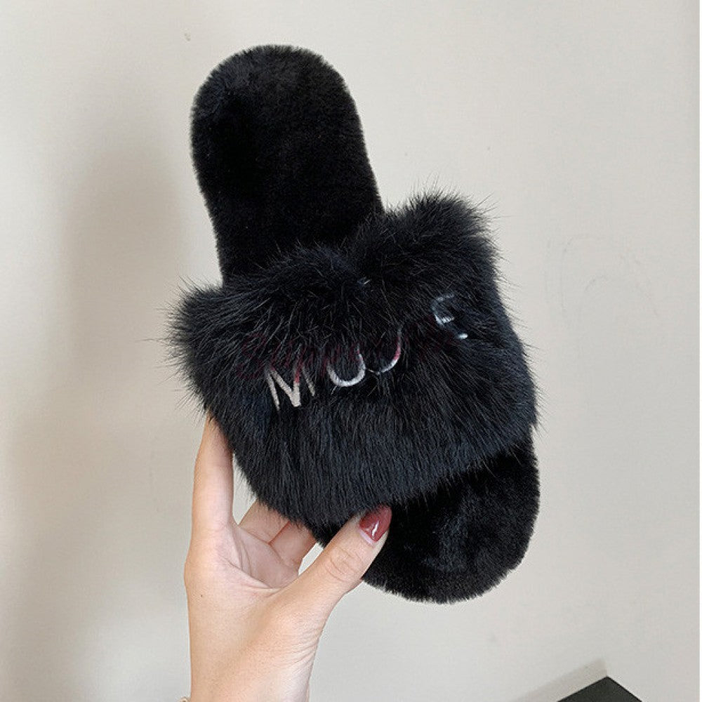 Chic Womens Fluffy Slides Open Toe Embroidered Letters Outdoor Slippers