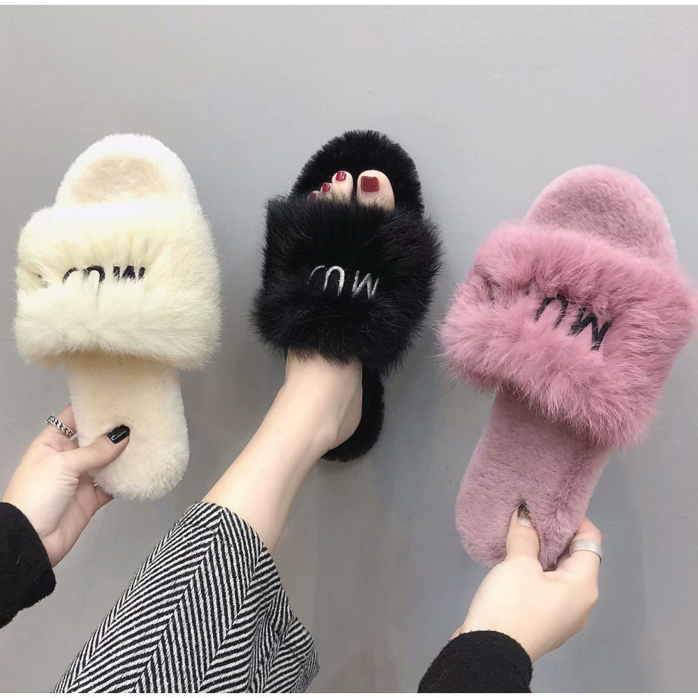 Chic Womens Fluffy Slides Open Toe Embroidered Letters Outdoor Slippers