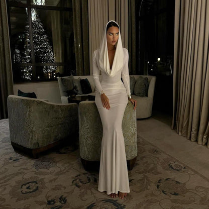 Hooded Long Sleeve Cutout Waist Rib Knit Maxi Dress