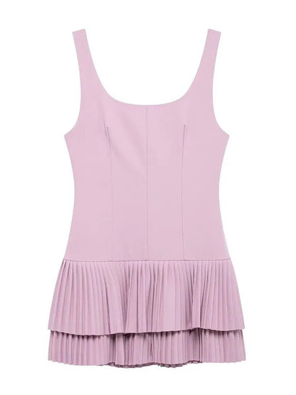 Scoop Neck Tank Strap Double Tier Accordion Pleat Drop Waist Mini Dress