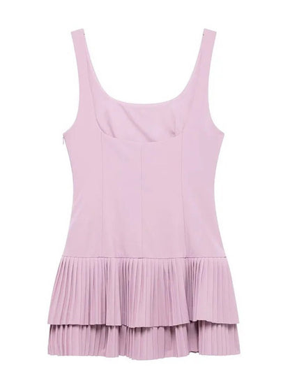 Scoop Neck Tank Strap Double Tier Accordion Pleat Drop Waist Mini Dress