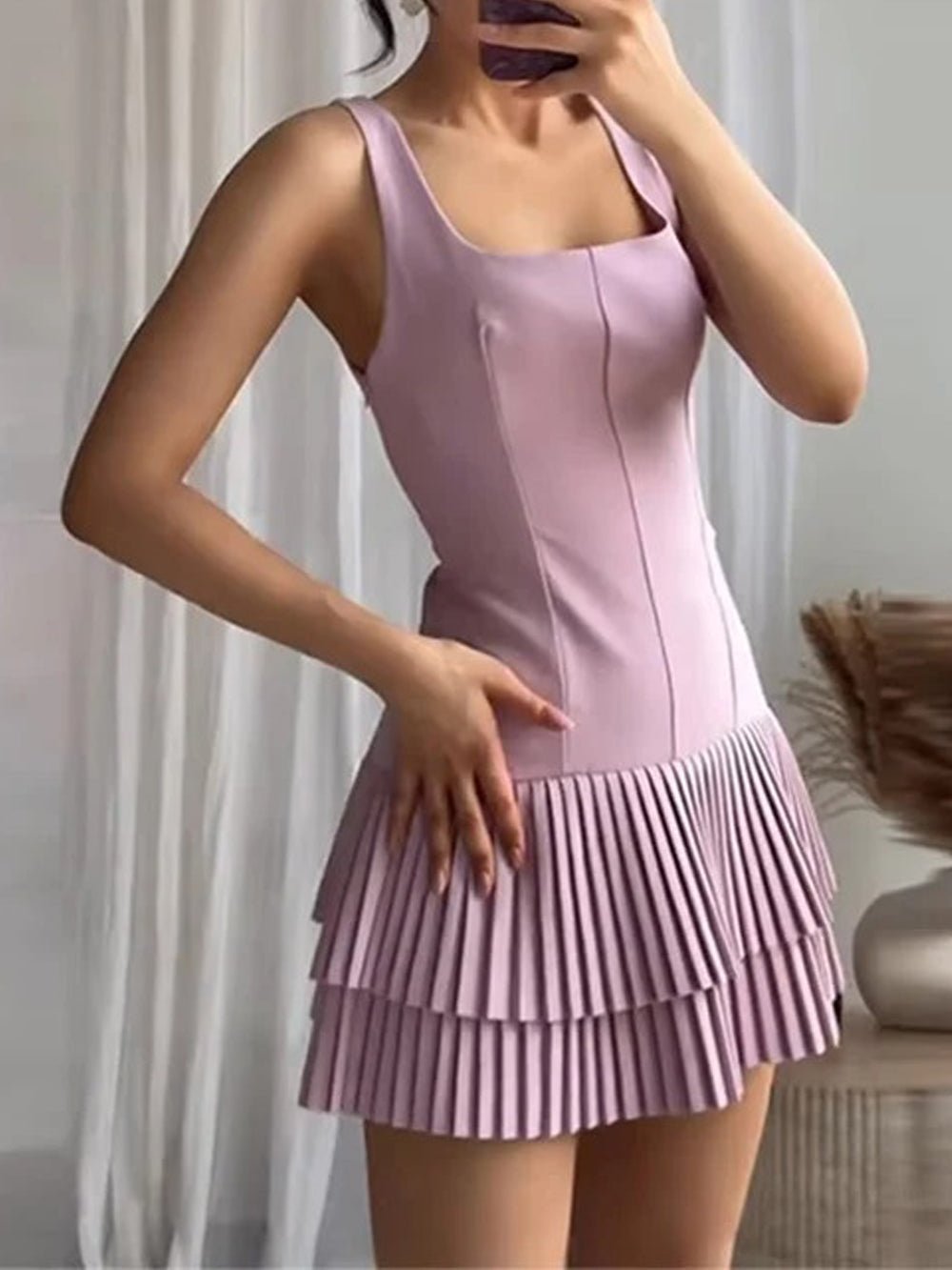 Scoop Neck Tank Strap Double Tier Accordion Pleat Drop Waist Mini Dress