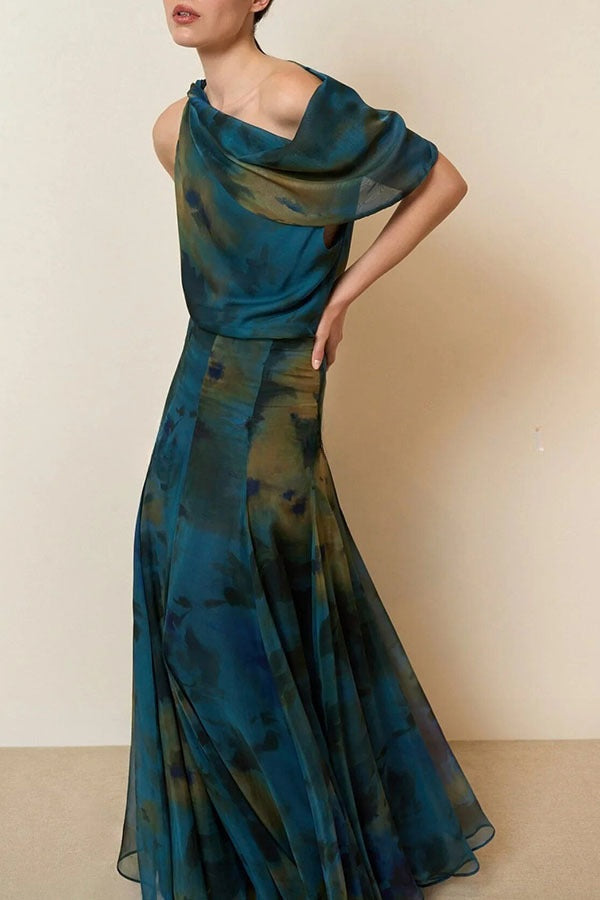 Ione Chiffon Ombré Print Cowl Neck Top and High Rise Maxi Skirt Set with Scarf