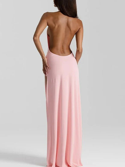 Pink Satin Halter Neck Cowl Deep V-Neck Ruched High Split Maxi Dress