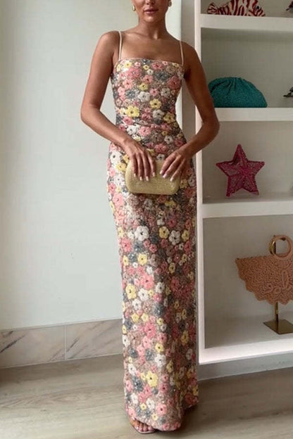 80's Inspired Floral Print Sequin Square Neck Slip Stretch Maxi Dress