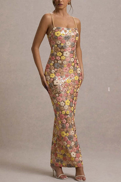 80's Inspired Floral Print Sequin Square Neck Slip Stretch Maxi Dress