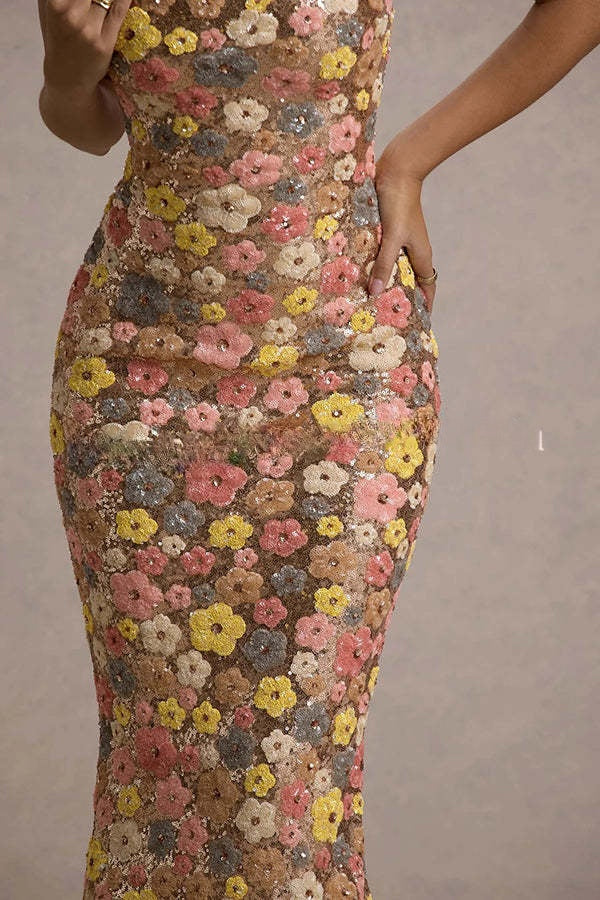 80's Inspired Floral Print Sequin Square Neck Slip Stretch Maxi Dress