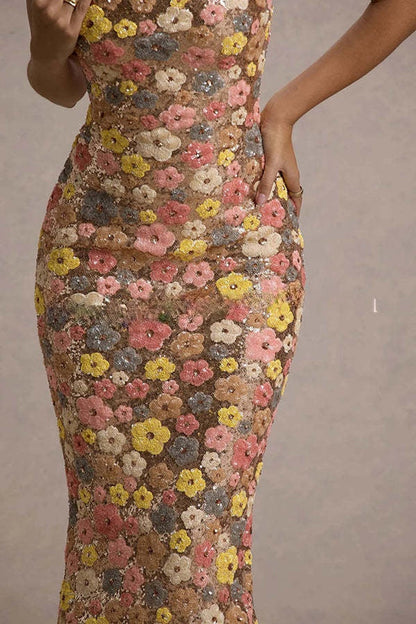80's Inspired Floral Print Sequin Square Neck Slip Stretch Maxi Dress
