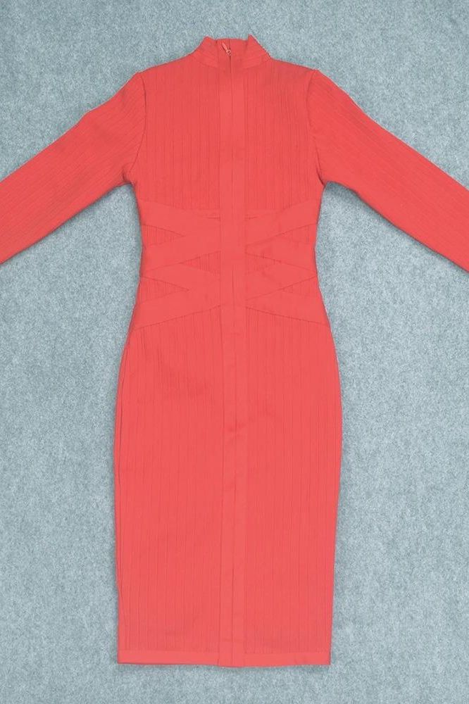 Lipstick Red Mock Neck Ribbed Criss Cross Waist Long Sleeve Bodycon Midi Dress