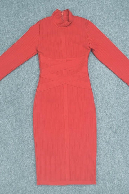 Lipstick Red Mock Neck Ribbed Criss Cross Waist Long Sleeve Bodycon Midi Dress