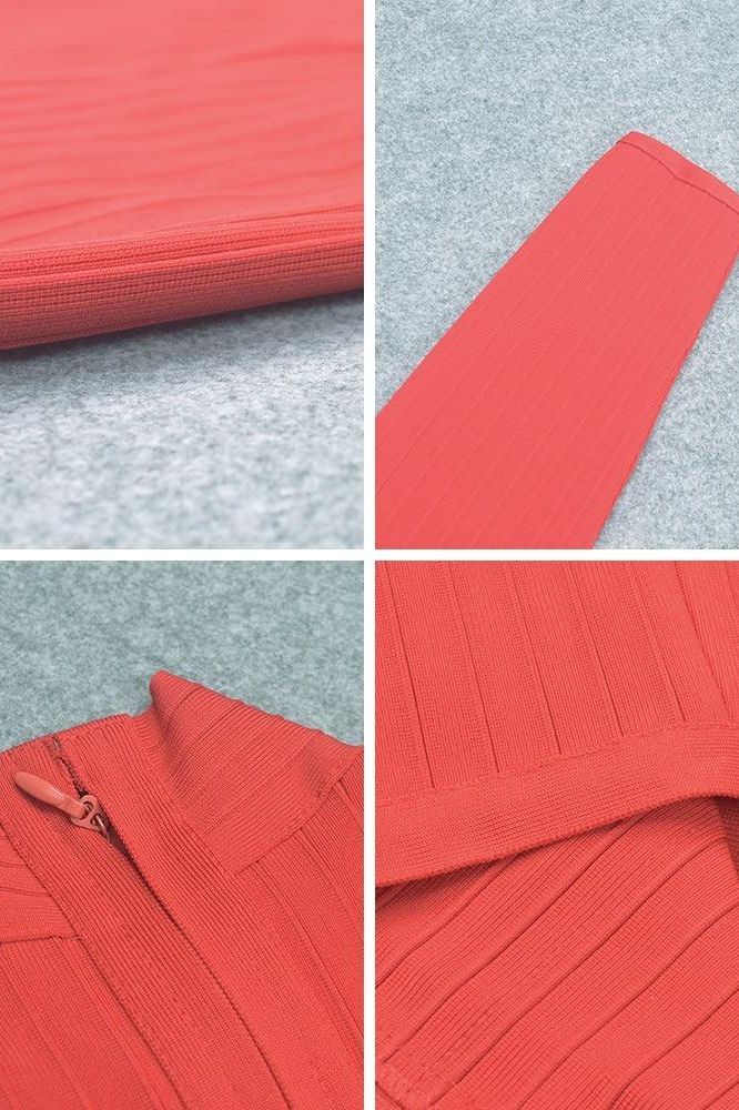 Lipstick Red Mock Neck Ribbed Criss Cross Waist Long Sleeve Bodycon Midi Dress