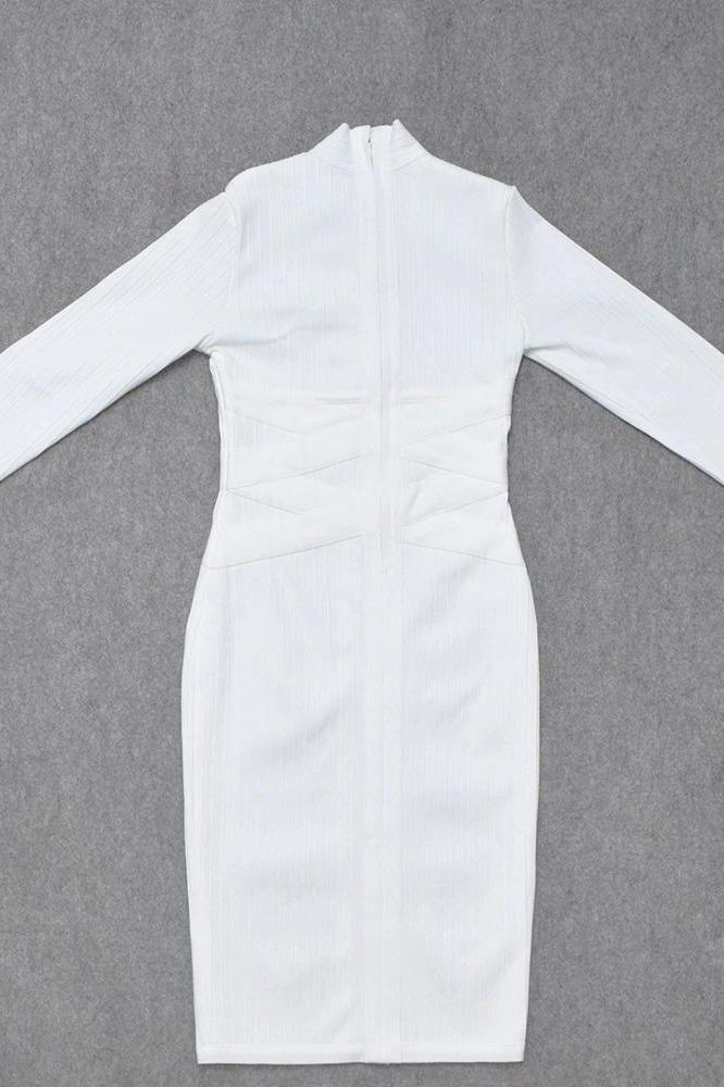 Pearl White Mock Neck Ribbed Criss Cross Waist Long Sleeve Bodycon Midi Dress