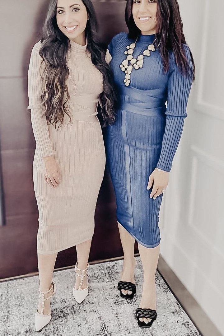 Pearl White Mock Neck Ribbed Criss Cross Waist Long Sleeve Bodycon Midi Dress