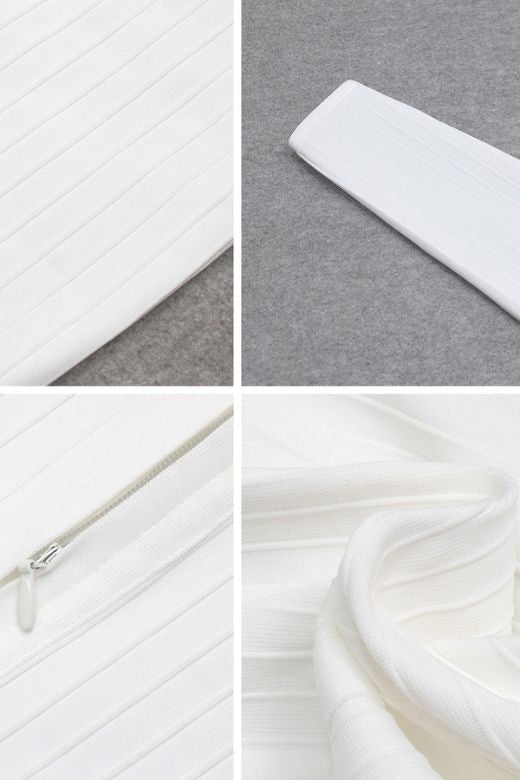 Pearl White Mock Neck Ribbed Criss Cross Waist Long Sleeve Bodycon Midi Dress