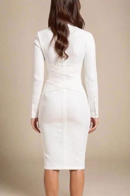 Pearl White Mock Neck Ribbed Criss Cross Waist Long Sleeve Bodycon Midi Dress