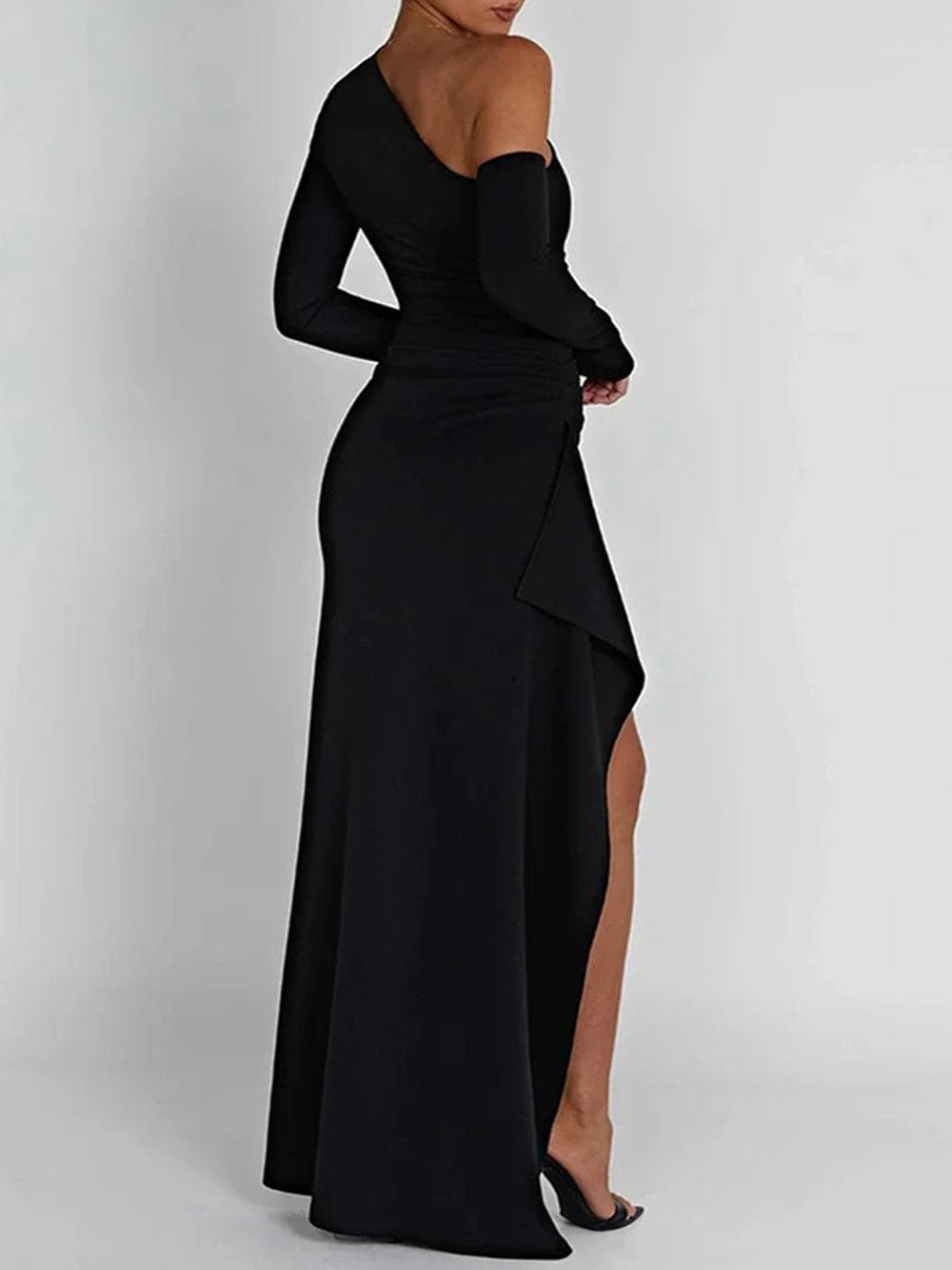 Black One Shoulder Long Sleeve Cold Shoulder Ruffle High Split Maxi Dress
