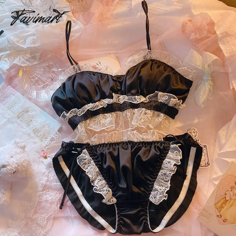 Japanese Cotton Cup Underwear Sexy Ultra-thin Bras Vintage Satin Lace Wire Free Tube Top Bra Set Fairy Lingerie Sets Nightwear