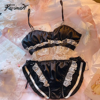 Japanese Cotton Cup Underwear Sexy Ultra-thin Bras Vintage Satin Lace Wire Free Tube Top Bra Set Fairy Lingerie Sets Nightwear