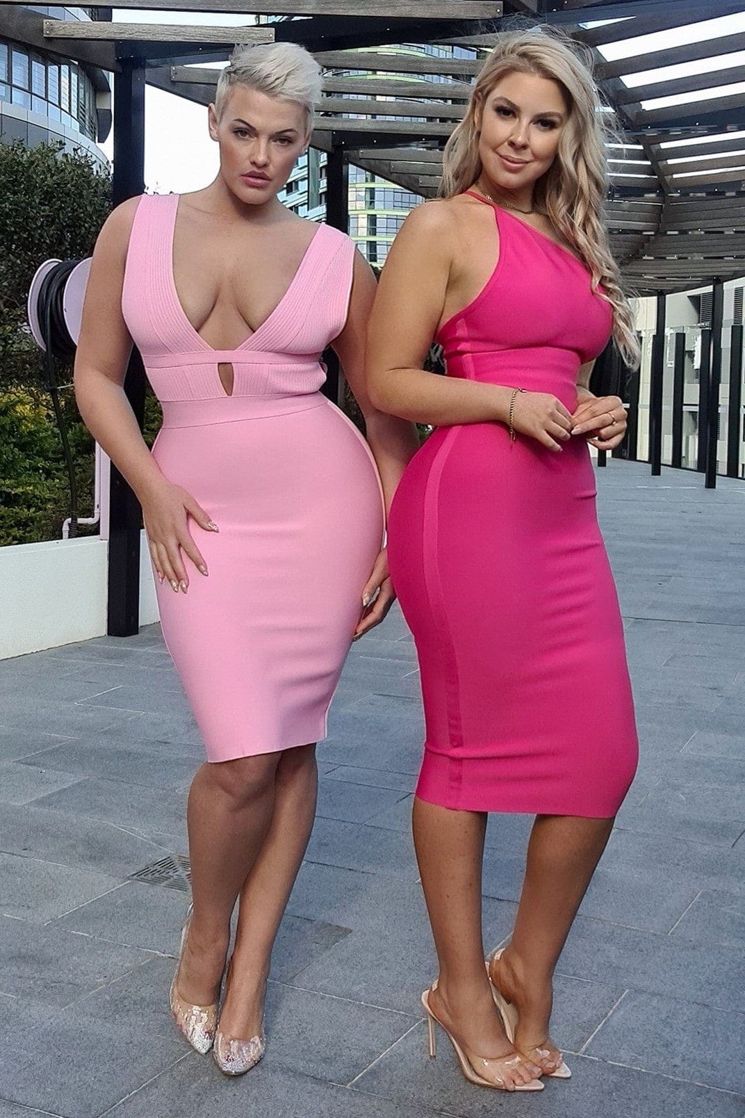 Ballet Pink Deep V-Neck Cage Cut Out Bandage Bodycon Midi Dress