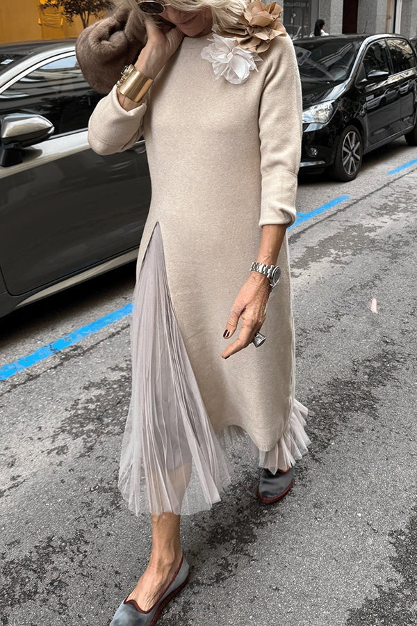 Jollie Knit Long Sleeve Front Slit Midi Sweater and Pleated Tulle Stretch Tank Midi Dress Two-piece