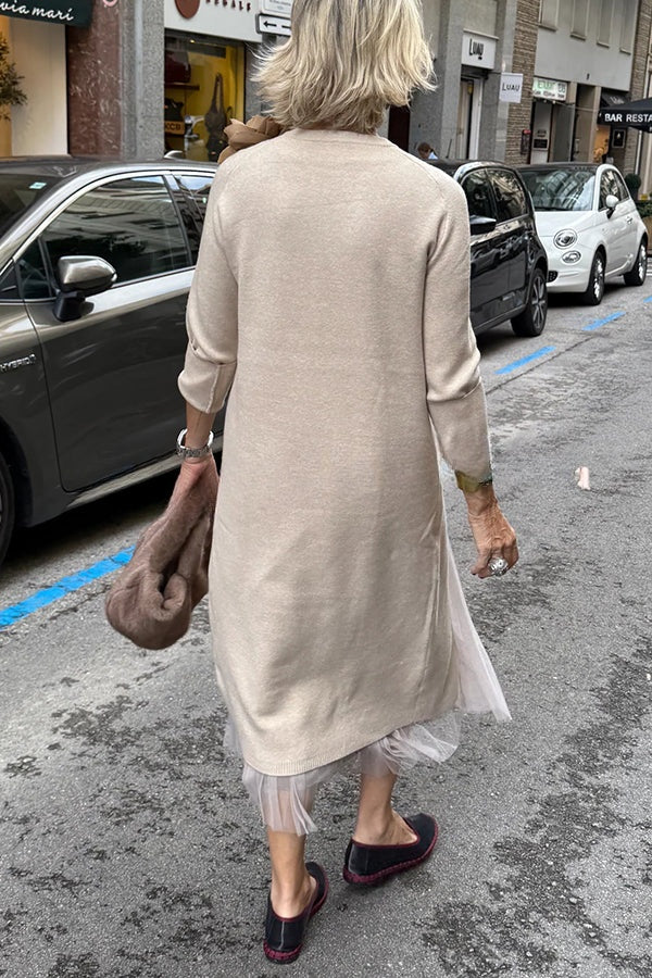 Jollie Knit Long Sleeve Front Slit Midi Sweater and Pleated Tulle Stretch Tank Midi Dress Two-piece