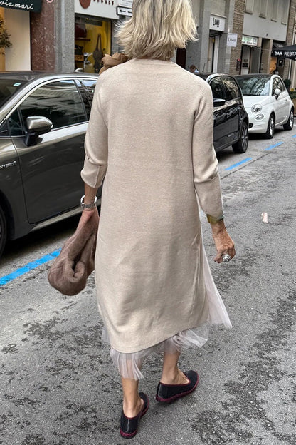 Jollie Knit Long Sleeve Front Slit Midi Sweater and Pleated Tulle Stretch Tank Midi Dress Two-piece