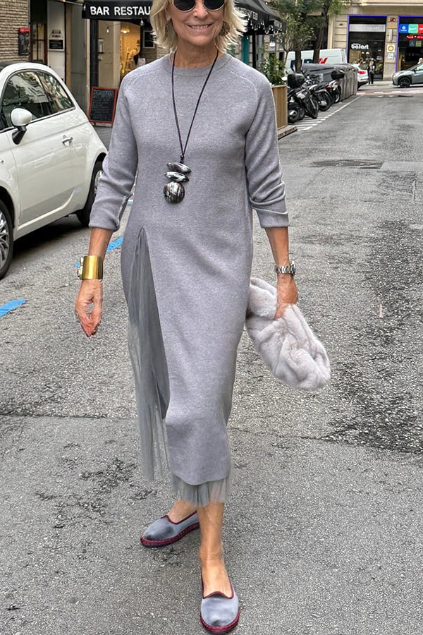 Jollie Knit Long Sleeve Front Slit Midi Sweater and Pleated Tulle Stretch Tank Midi Dress Two-piece