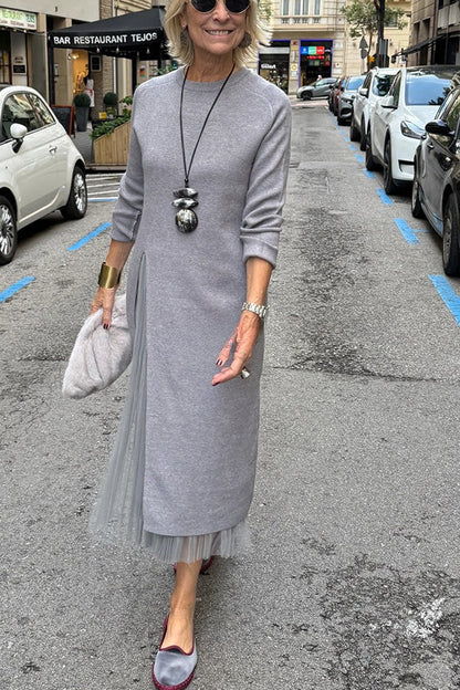 Jollie Knit Long Sleeve Front Slit Midi Sweater and Pleated Tulle Stretch Tank Midi Dress Two-piece