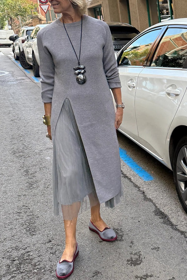 Jollie Knit Long Sleeve Front Slit Midi Sweater and Pleated Tulle Stretch Tank Midi Dress Two-piece