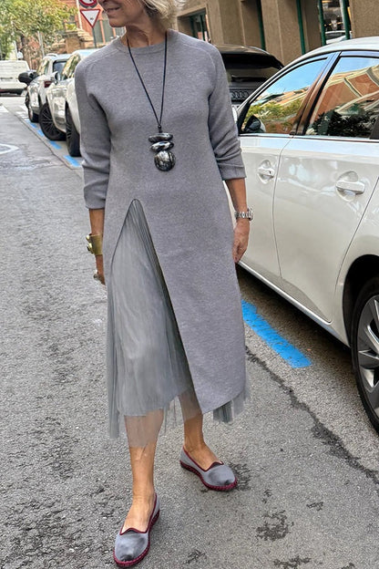 Jollie Knit Long Sleeve Front Slit Midi Sweater and Pleated Tulle Stretch Tank Midi Dress Two-piece
